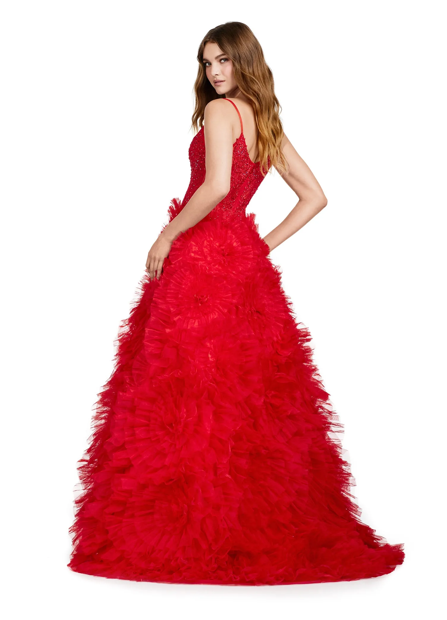 Ashley Lauren 11446 Long Prom Dress Spaghetti Strap V-Neck Gown Tulle Ruffled Skirt Formal Pageant