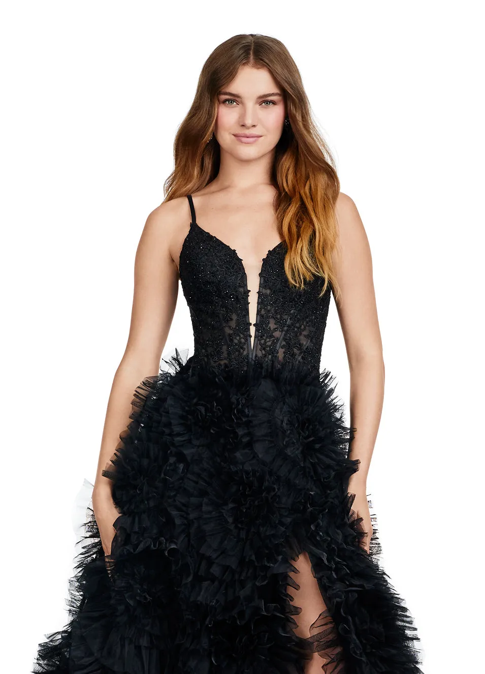 Ashley Lauren 11446 Long Prom Dress Spaghetti Strap V-Neck Gown Tulle Ruffled Skirt Formal Pageant
