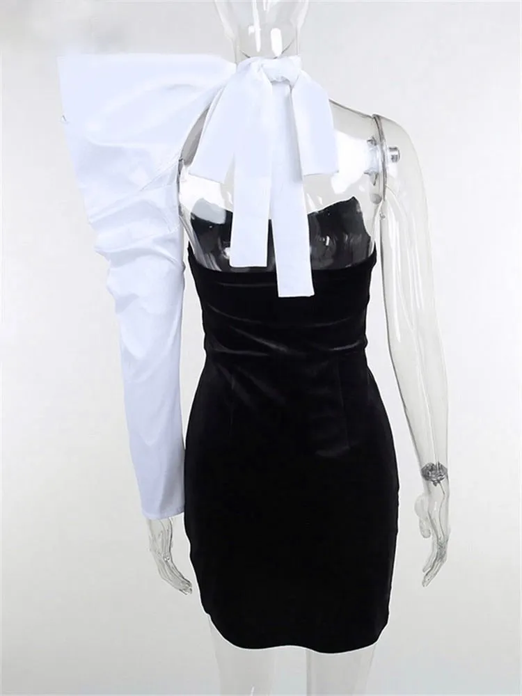 Black One Shoulder Puff Sleeve Bodycon Dress