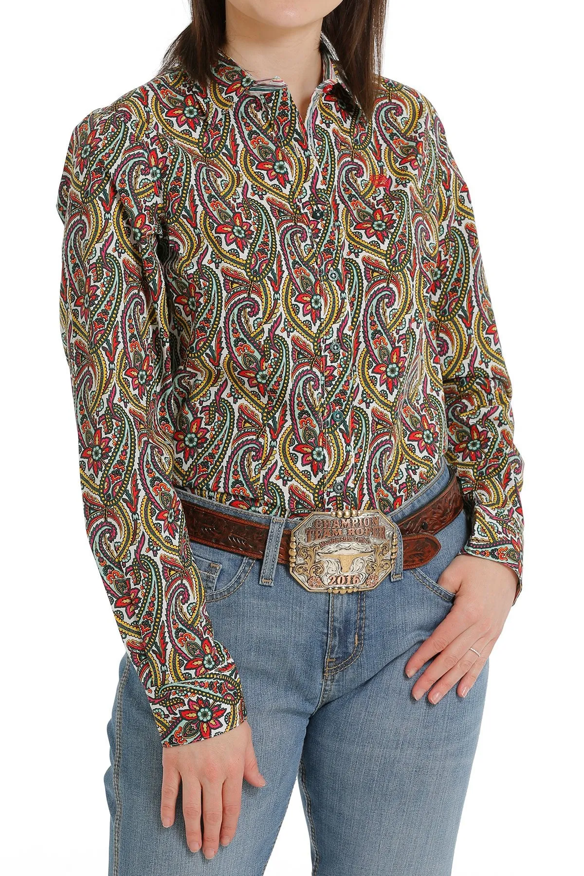 Cinch Ladies Button Down Western L/S Shirt - Green/Pink/Yellow - MSW9165031