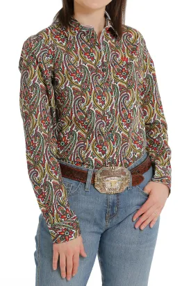 Cinch Ladies Button Down Western L/S Shirt - Green/Pink/Yellow - MSW9165031