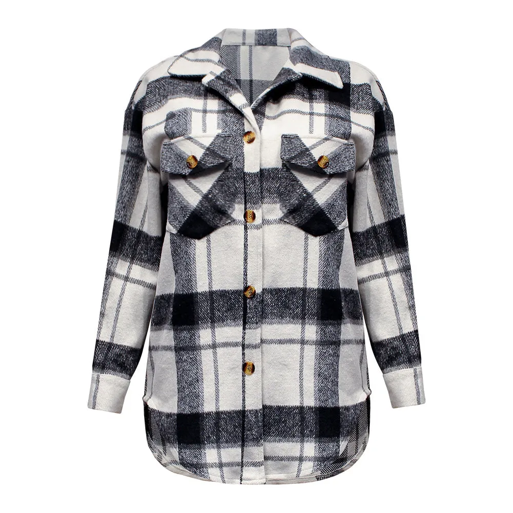 Fashion Long Sleeve Bend Down Collar Button Down Plaid Top Jacket