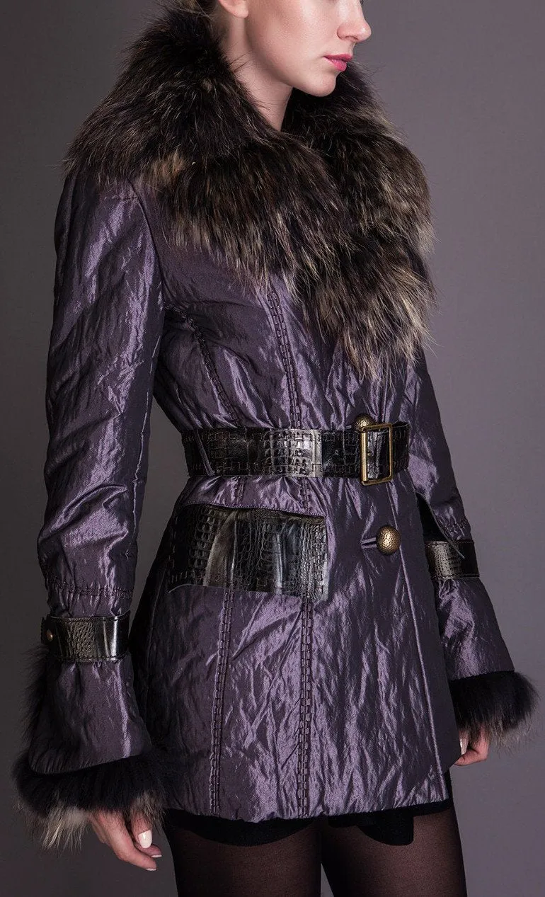 Fur-Collar Belted Short Down Coat, Purple