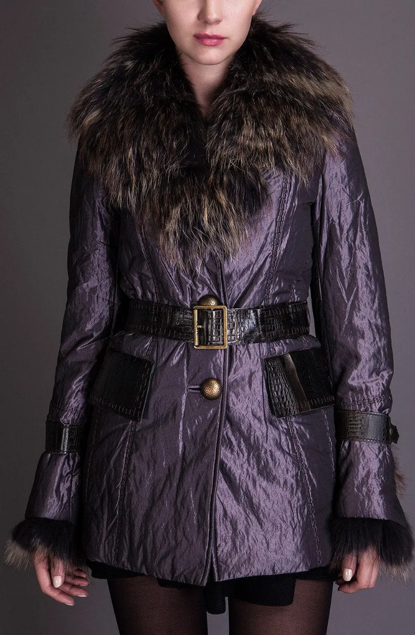 Fur-Collar Belted Short Down Coat, Purple