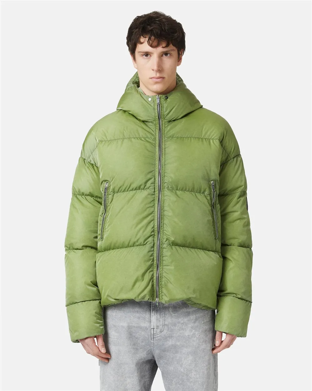 Short down jacket with hood (Green) - I24J11051895762
